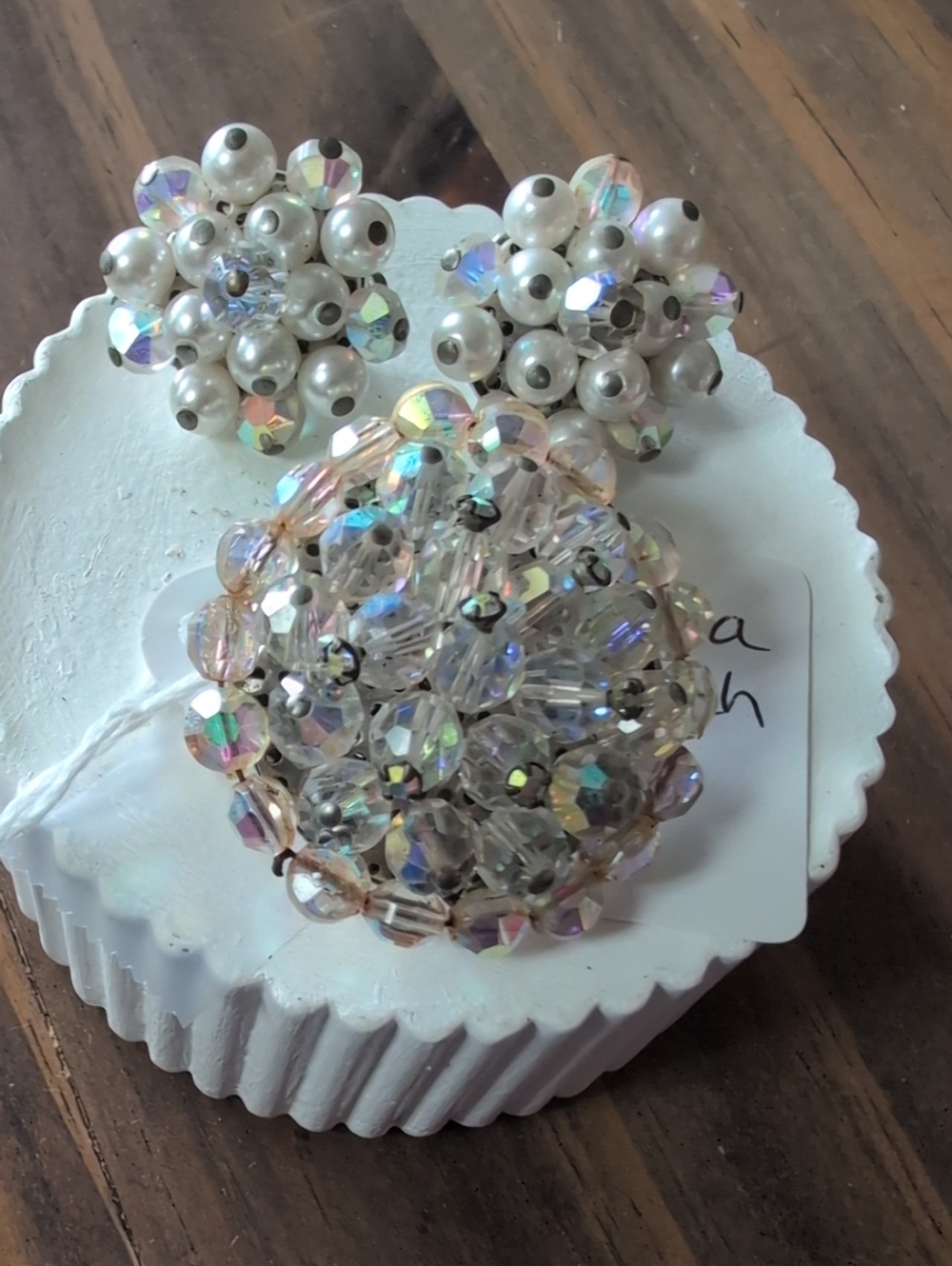 Crystal and Pearl Cluster Clip-On Earrings - Iridescent White And Brooch Set